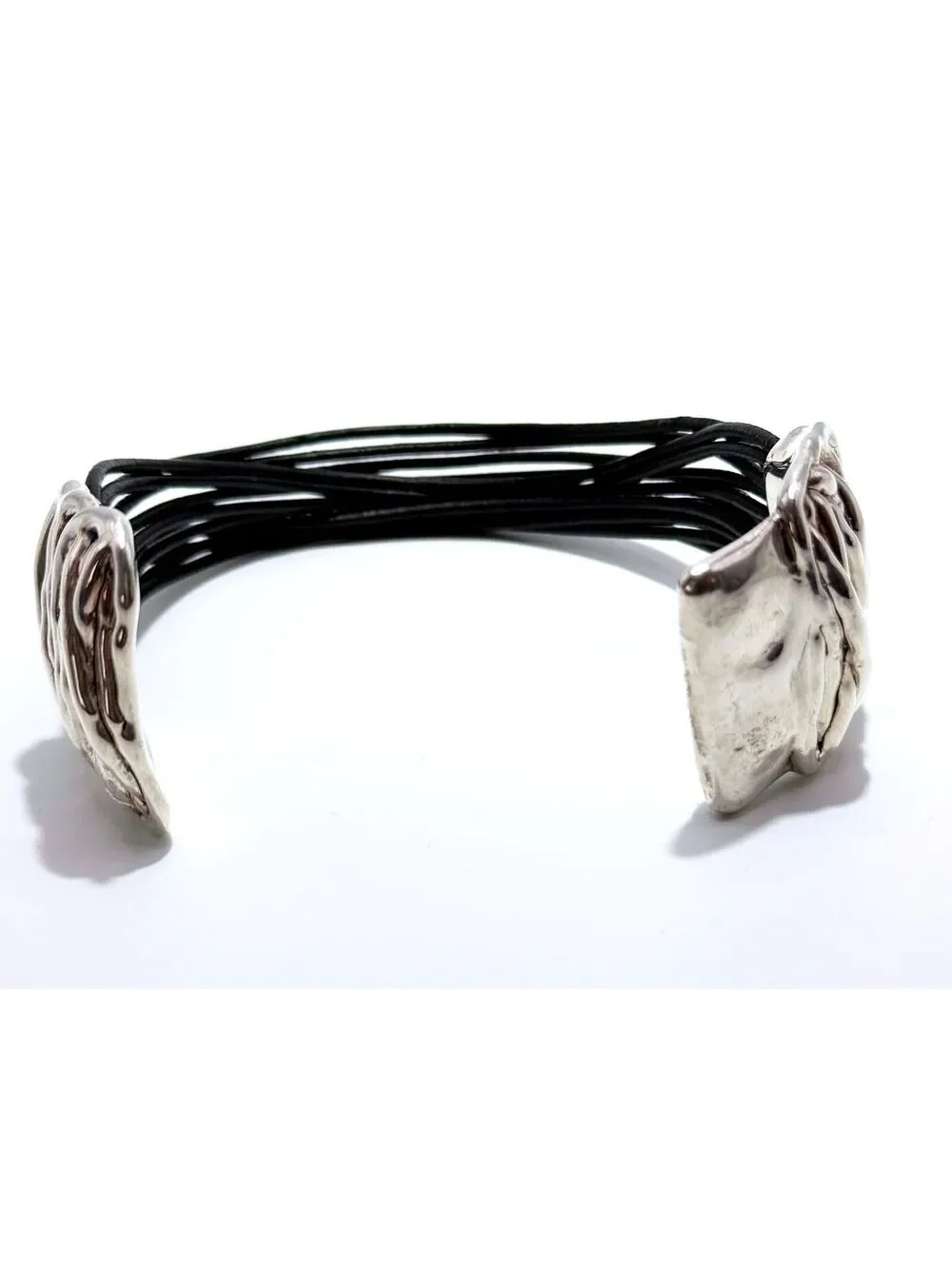 Sterling Silver 925 Multi-Strand Black Leather Cuff with Magnetic Clasp, Israel